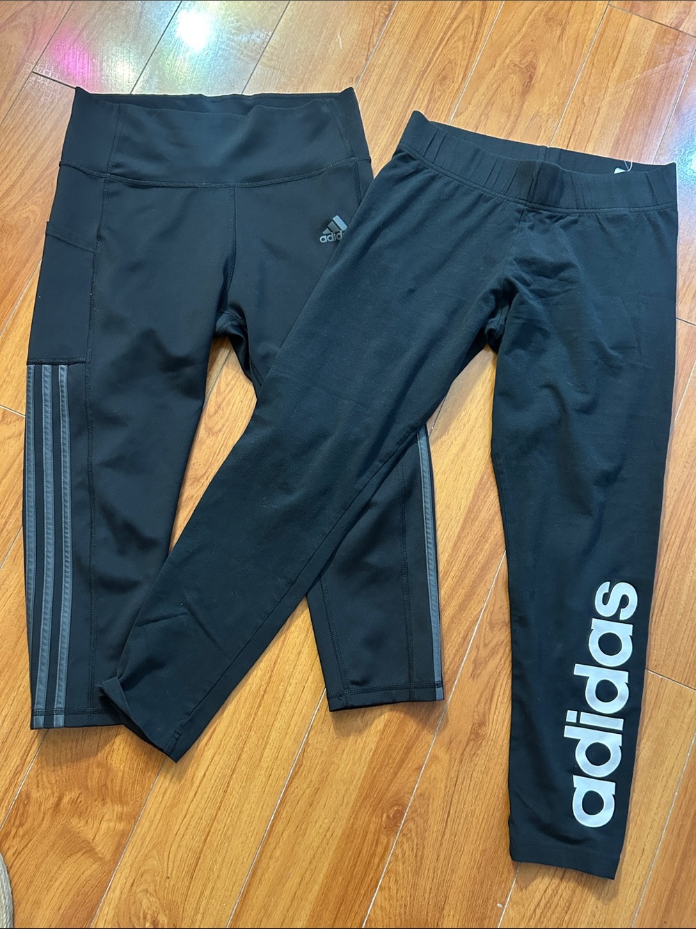 Adidas 2 Pair  Black Athletic Leggings with Logo and Stripe
